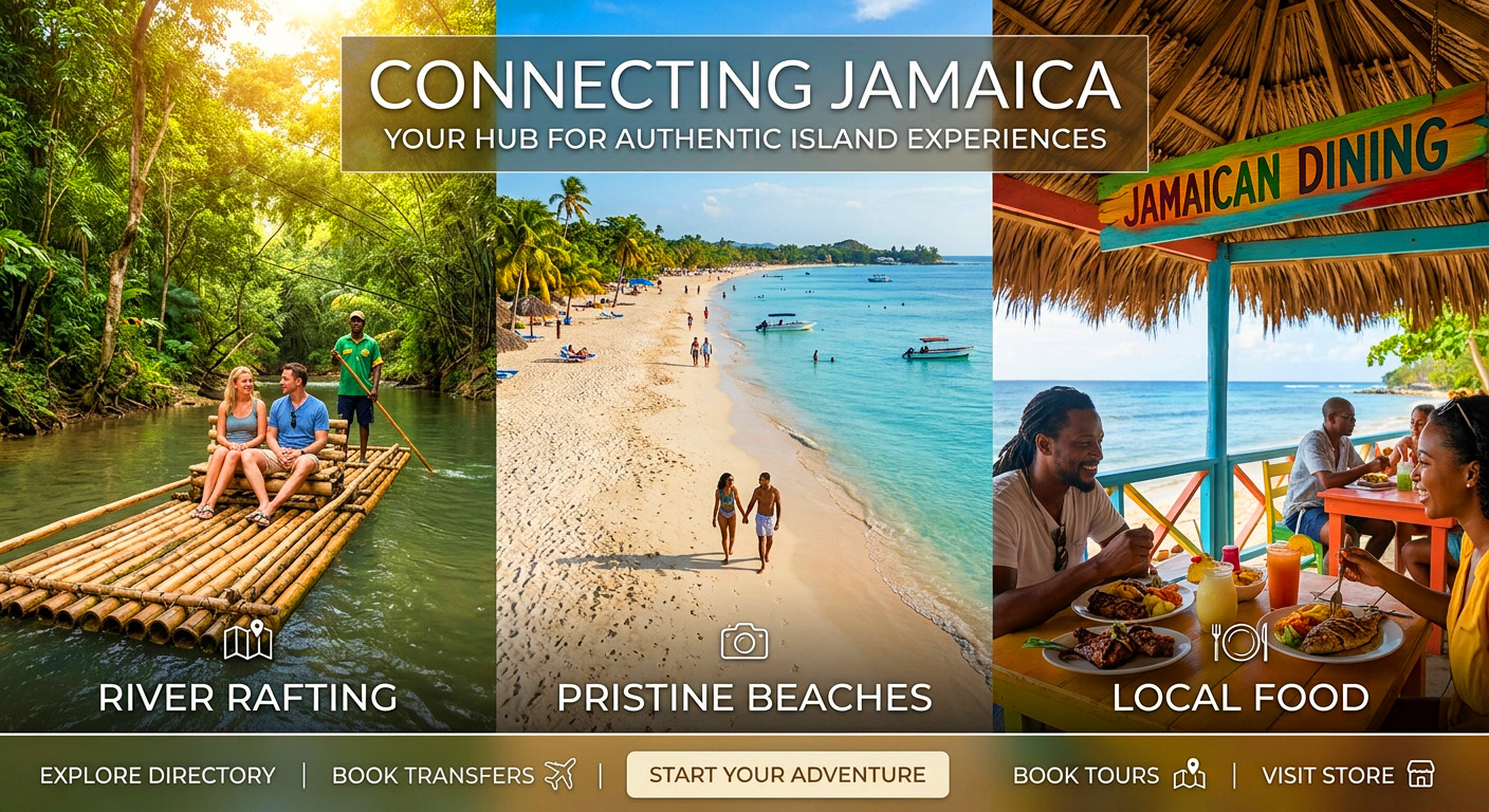 Connecting Jamaica destination hub banner highlighting island tours, local dining, and beach adventures.